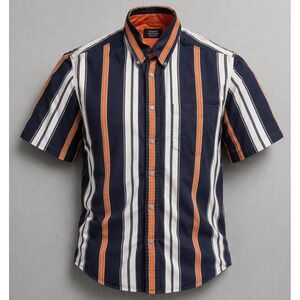Trader Bay Striped Button Down Shirt Mens Size M Navy Blue Orange Short Sleeve
